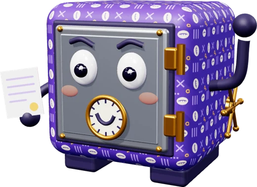 Le personnage, un petit coffre-fort en wax violet qui salue